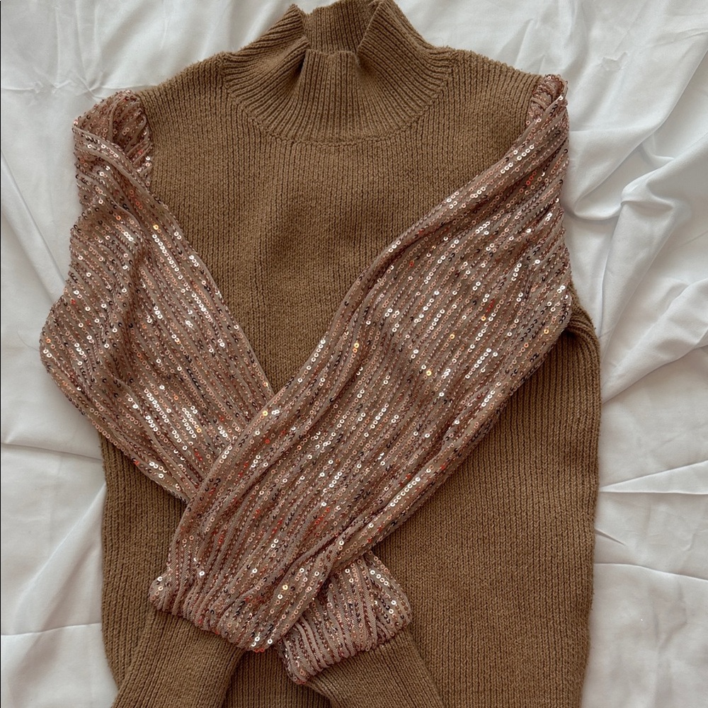 SHEIN Brown Sweater with Sequin Sleeves